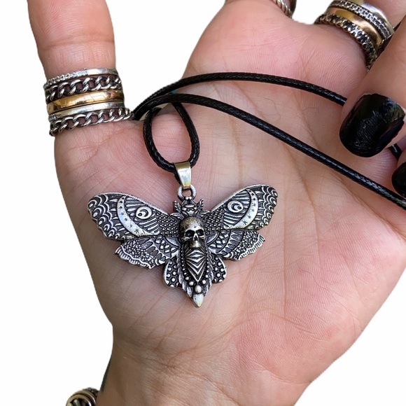 Moth with moon and skull design pewter necklace on leather cord boho goth - Picture 13 of 15